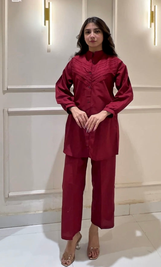 Pleated Maroon Co-Ord