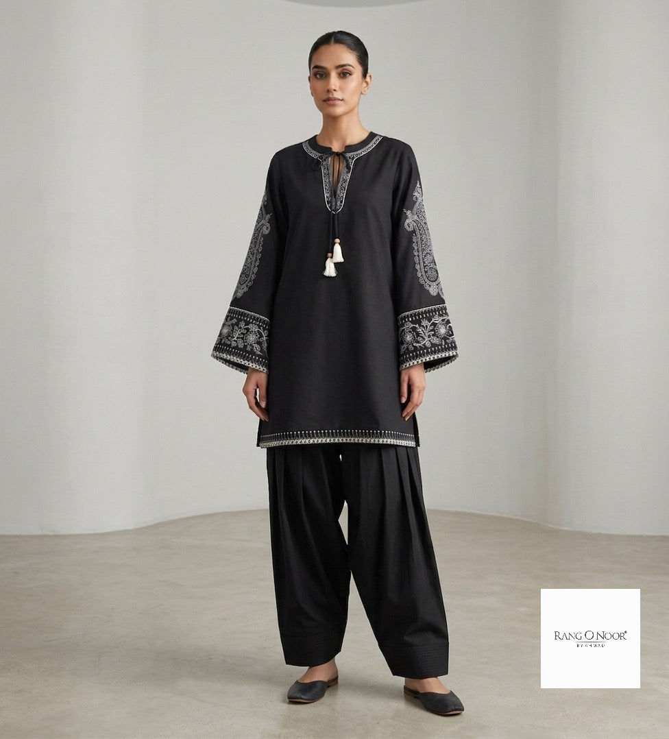 Black 2 Piece Embroidered Coord With Farshi Shalwar